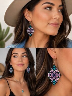 Hand Crafted Beaded Floral Diamond Drop Earrings - Turquoise & Purple